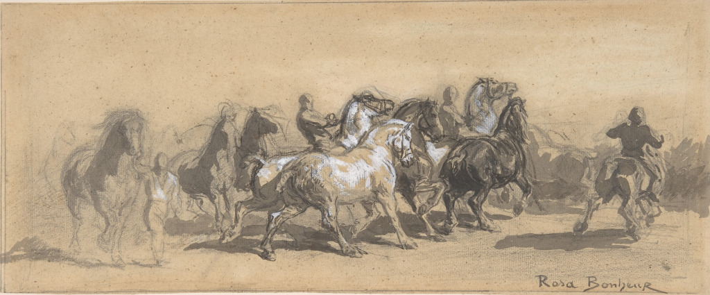 Study for The Horse Fair Rosa Bonheur Black chalk, brush and gray wash, heightened with white